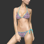 "NON CURO" GRAFFITI BIKINI SWIMSUIT — WOMEN'S TWO-PIECE WITH PINK "NON CURO" GRAFFITI BLACK PENCIL LINING