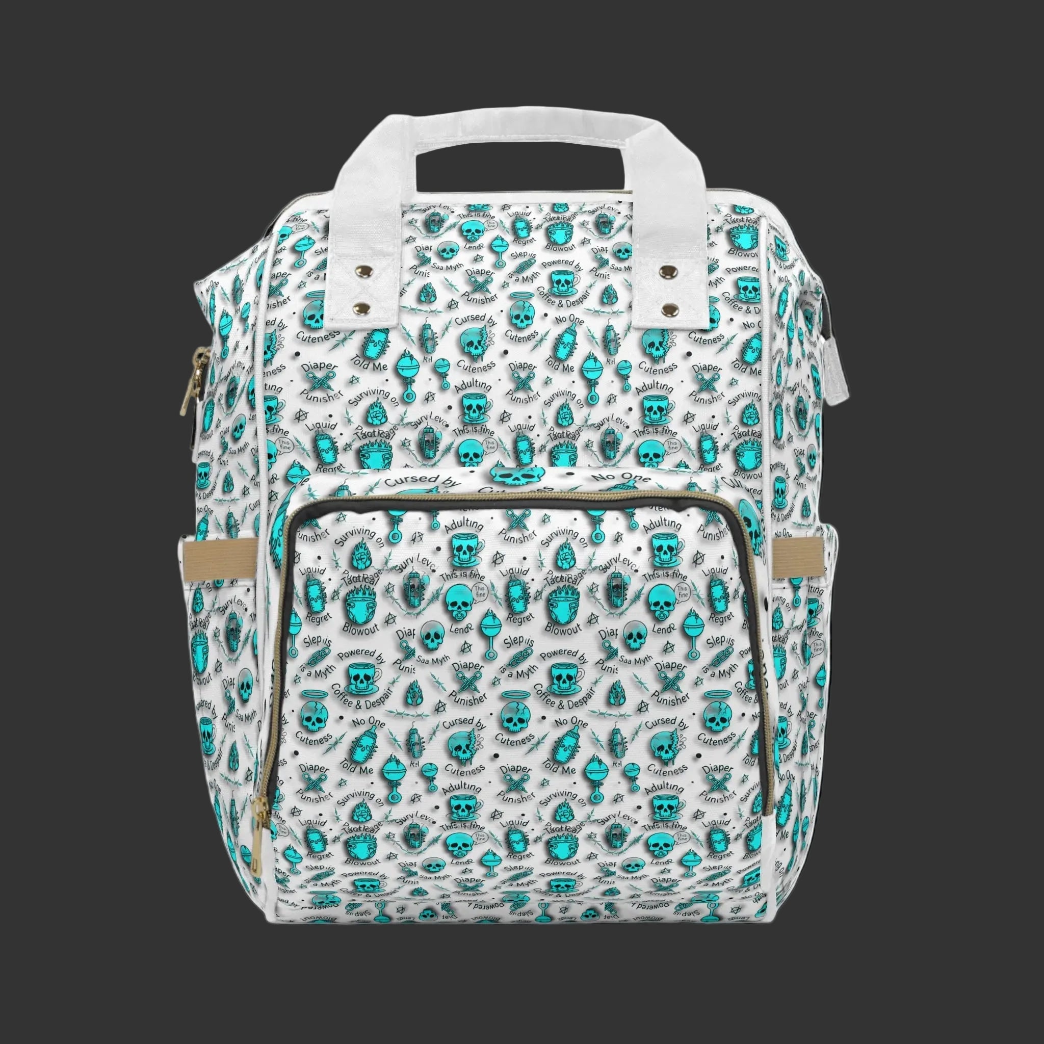 Teal Skull Diaper Backpack — 'Cursed by Cuteness' Multifunctional Baby Bag with Changing Pad