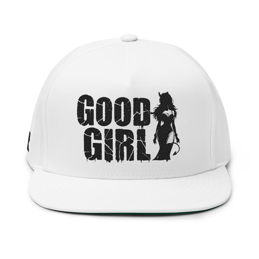 Flat Bill Cap — "Good Girl" Embroidered Devil Girl Snapback
