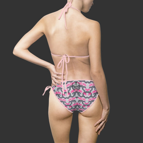"NON CURO" GRAFFITI BIKINI SWIMSUIT — WOMEN'S TWO-PIECE WITH PINK "NON CURO" GRAFFITI BLACK PENCIL LINING