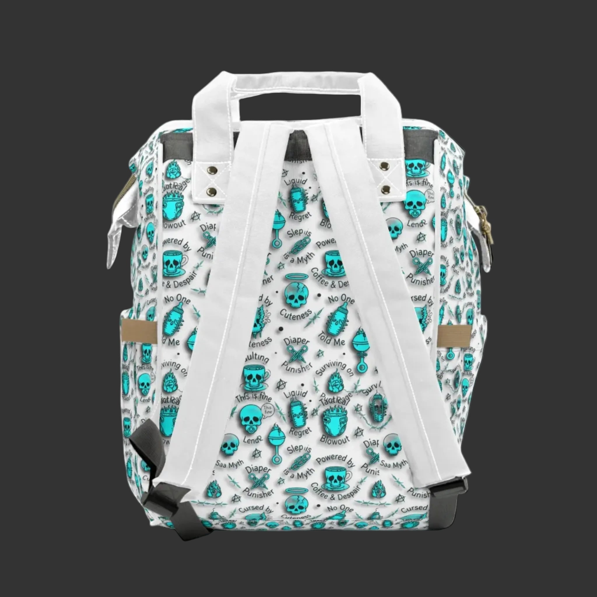 Teal Skull Diaper Backpack — 'Cursed by Cuteness' Multifunctional Baby Bag with Changing Pad