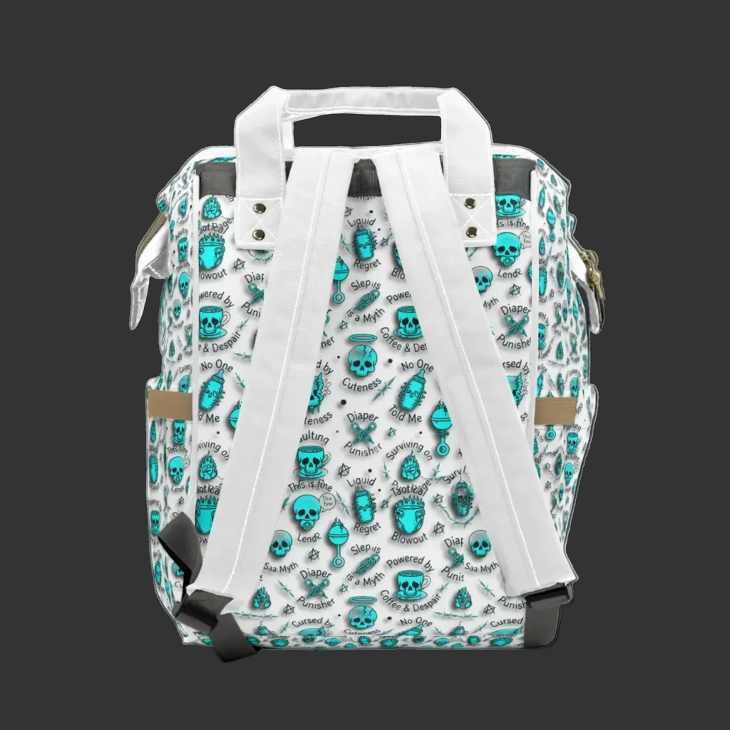 Teal Skull Diaper Backpack — 'Cursed by Cuteness' Multifunctional Baby Bag with Changing Pad