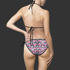 "NON CURO" GRAFFITI BIKINI SWIMSUIT — WOMEN'S TWO-PIECE WITH PINK "NON CURO" GRAFFITI BLACK PENCIL LINING