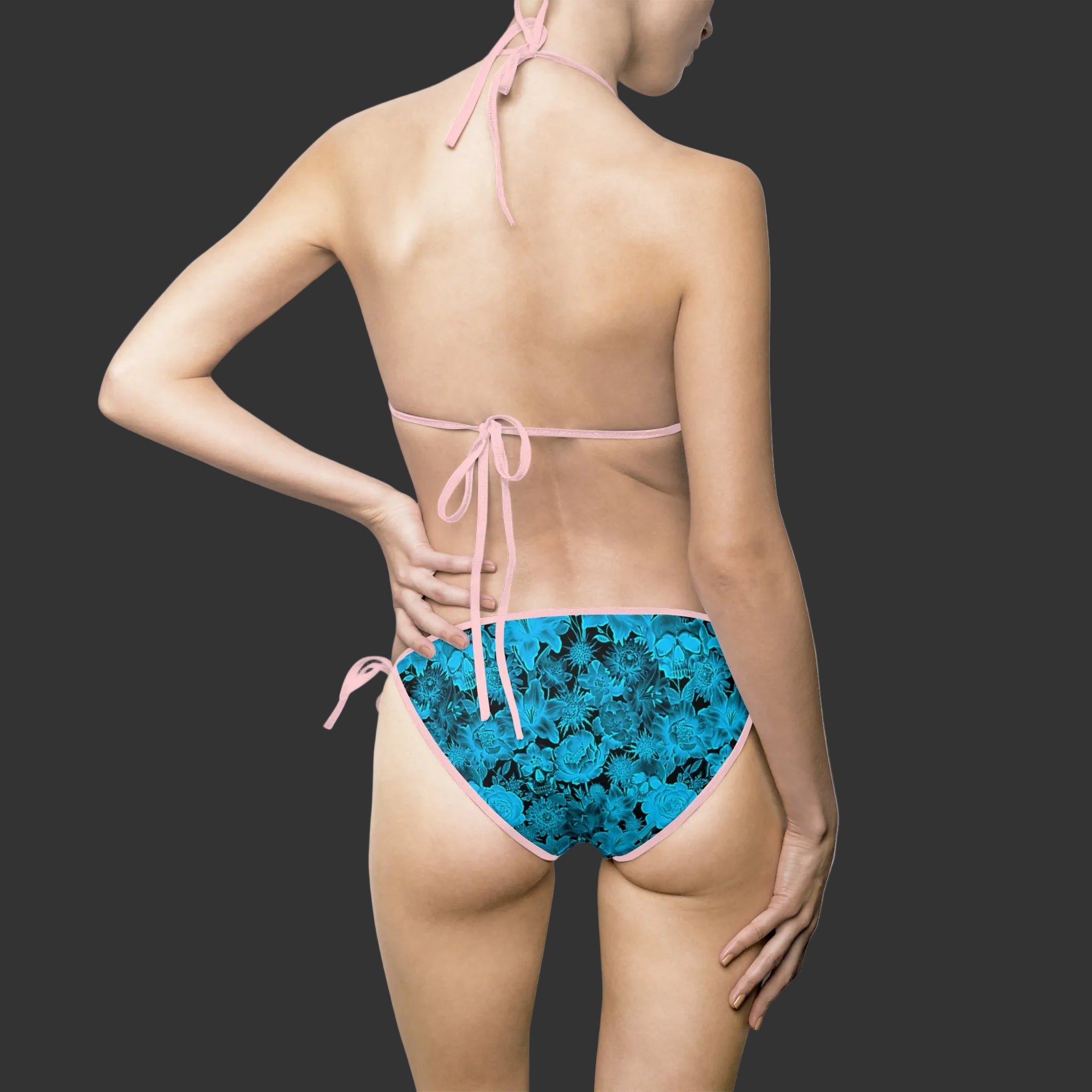Teal Floral and skulls  — Women's String Bikini Swimsuit