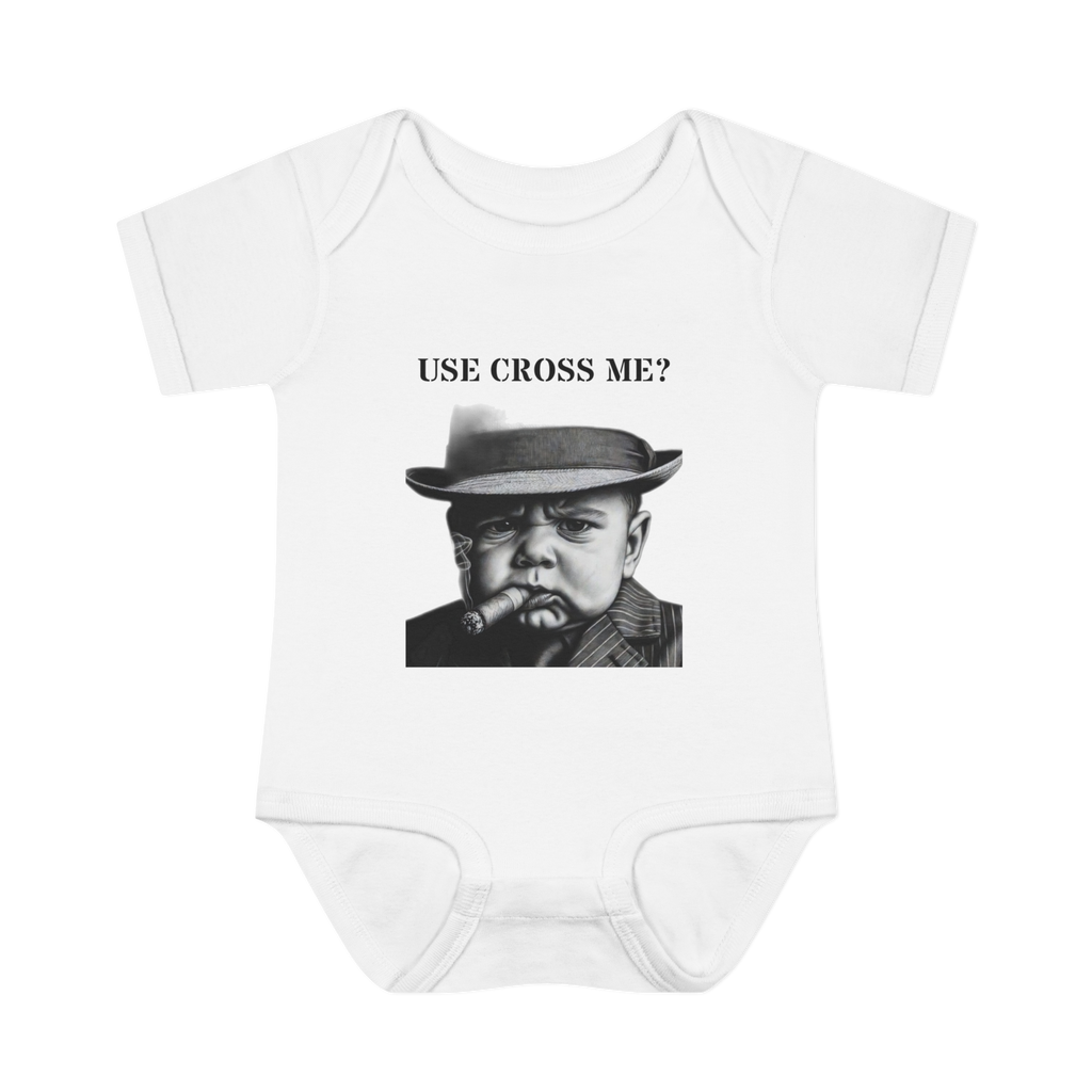 Infant Bodysuit — "Use Cross Me?" Vintage Mobster Baby Graphic
