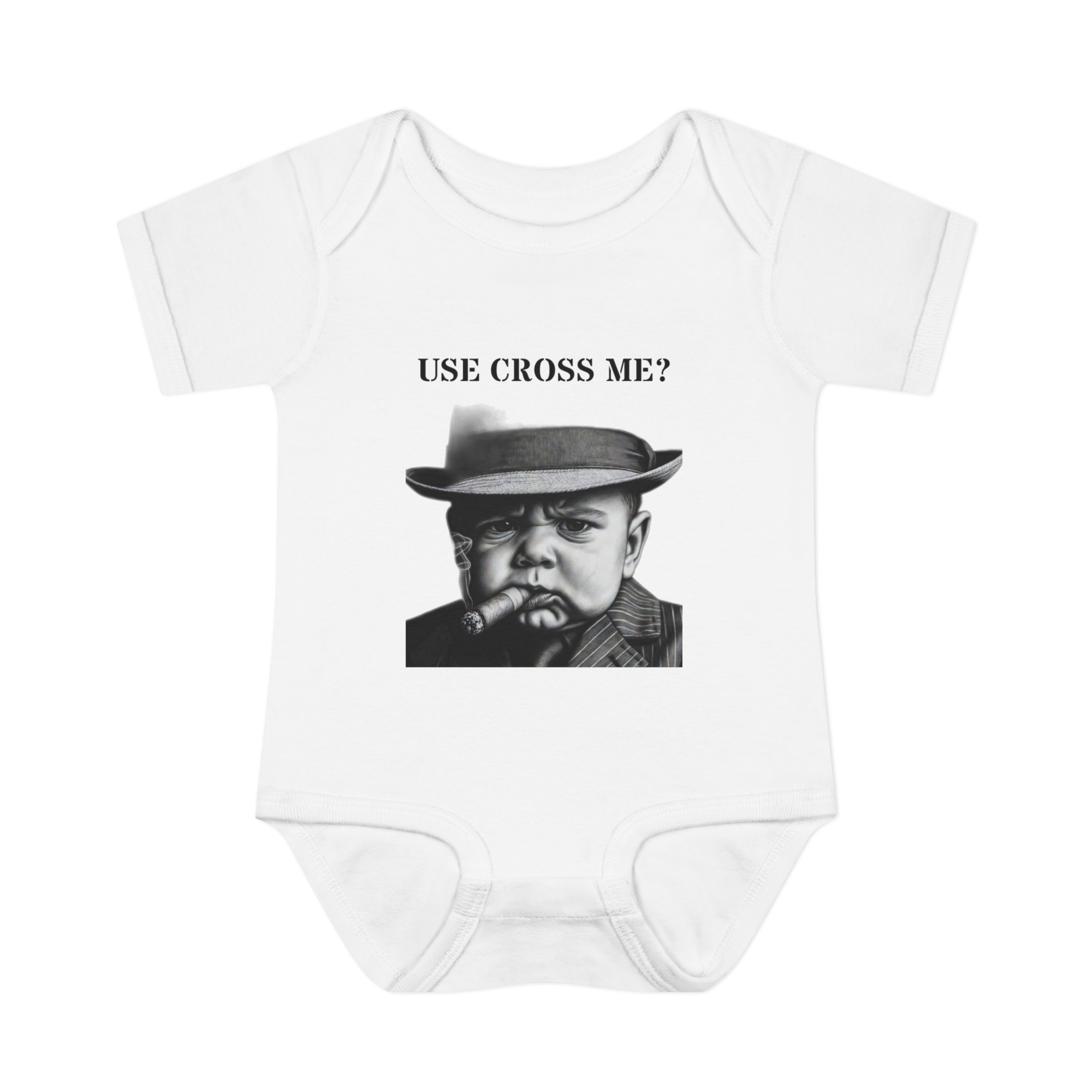 Infant Bodysuit — "Use Cross Me?" Vintage Mobster Baby Graphic