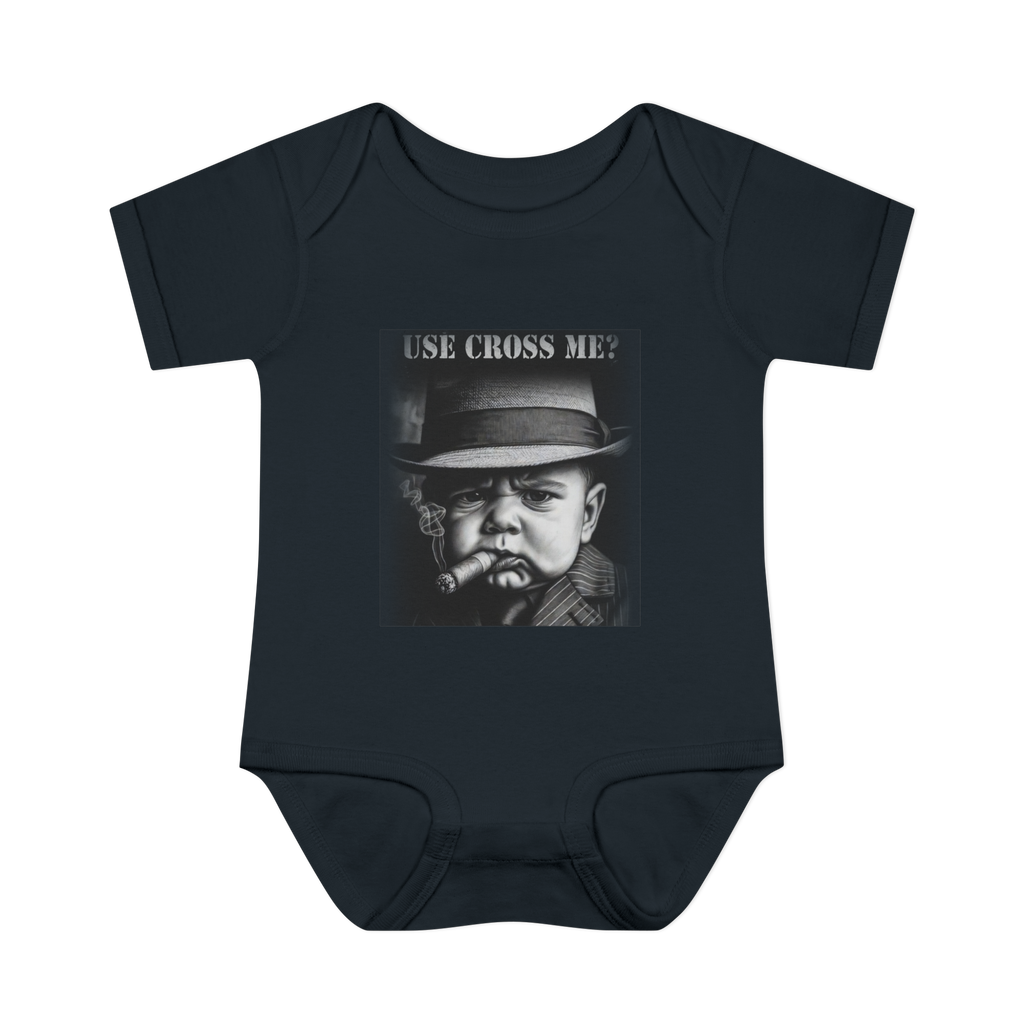 Infant Bodysuit — "Use Cross Me?" Vintage Mobster Baby Graphic
