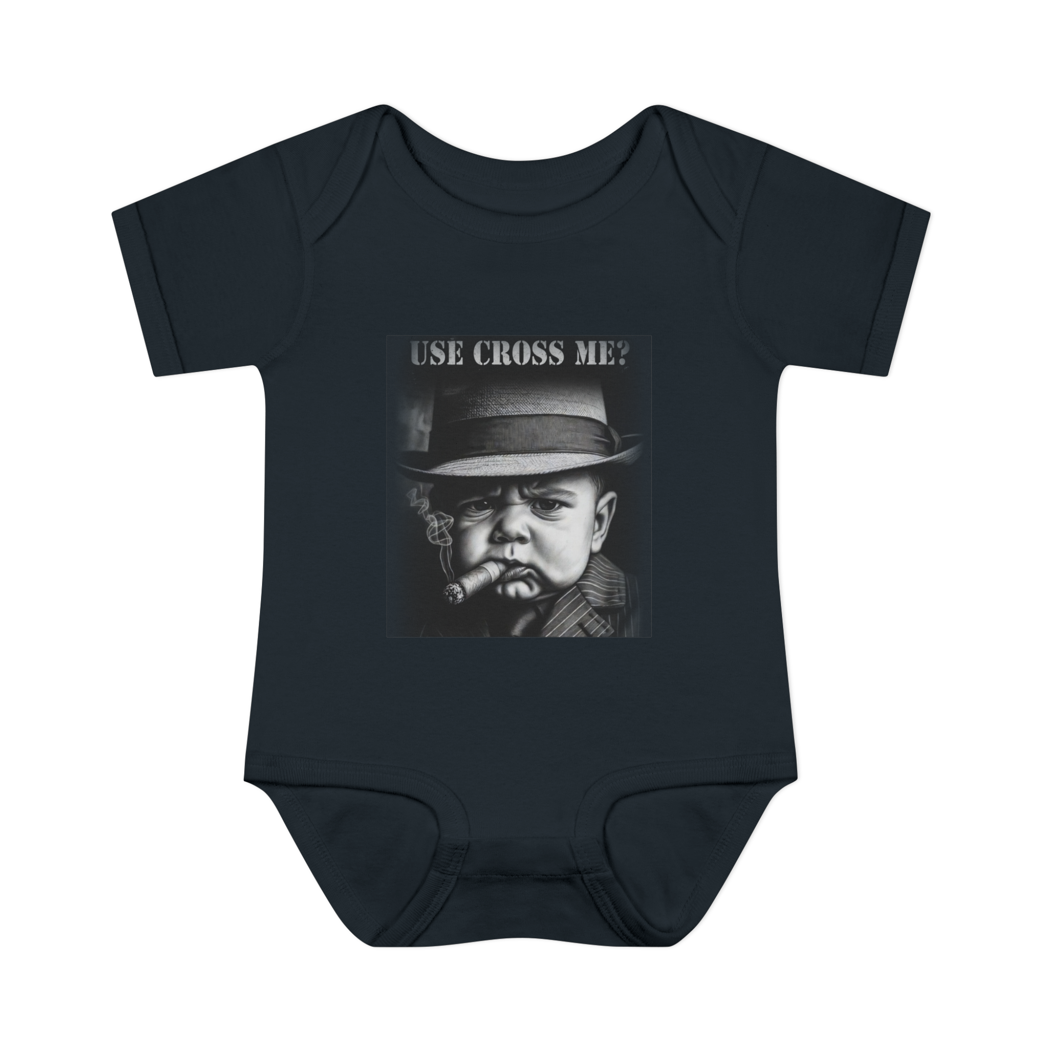 Infant Bodysuit — "Use Cross Me?" Vintage Mobster Baby Graphic