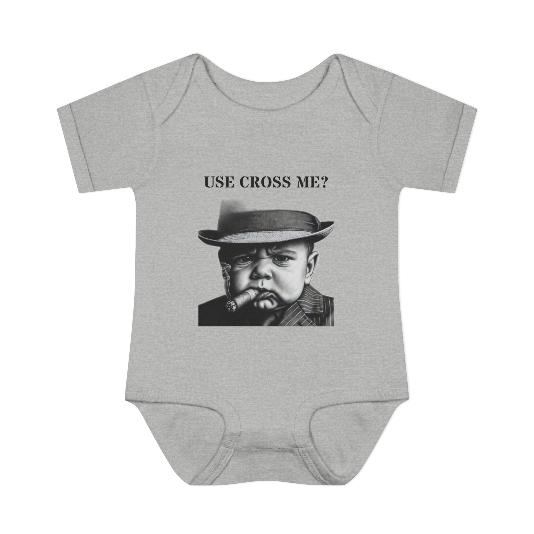 Infant Bodysuit — "Use Cross Me?" Vintage Mobster Baby Graphic