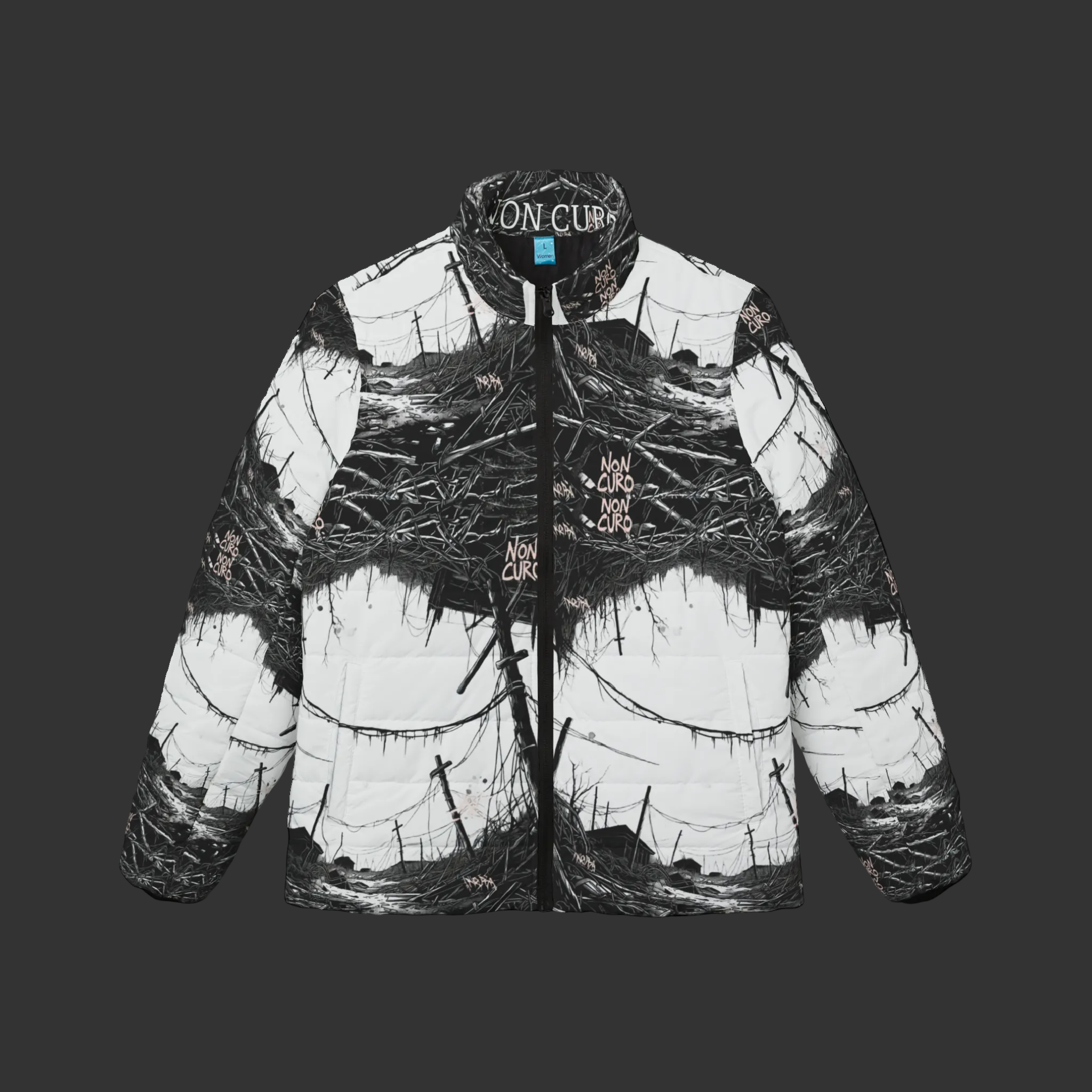 "NON CURO" WOMEN'S PUFFER JACKET — "STRANGER THINGS"  SETTING ALL OVER PRINT