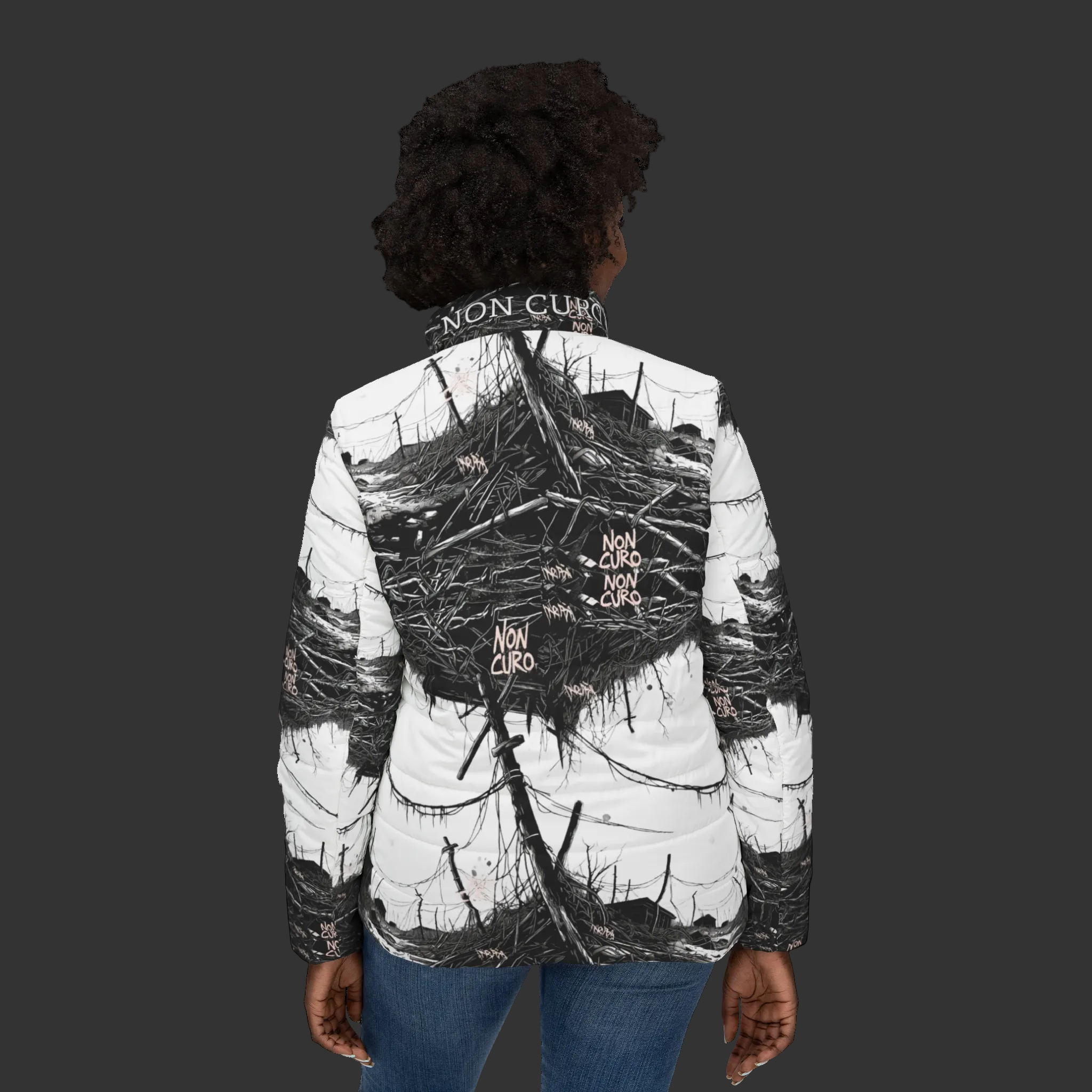 "NON CURO" WOMEN'S PUFFER JACKET — "STRANGER THINGS"  SETTING ALL OVER PRINT