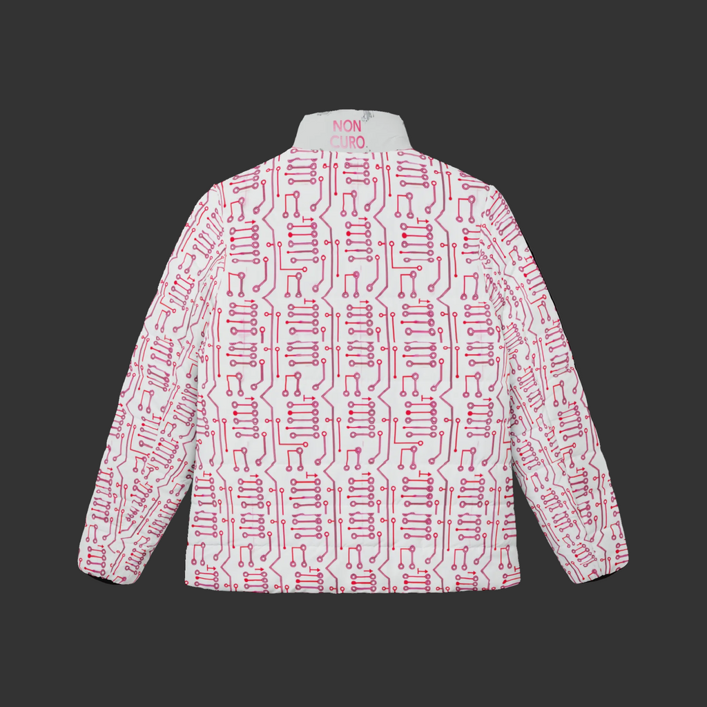 WOMEN’S PUFFER JACKET — “NON CURO” PINK CIRCUIT-BOARD WINTER COAT