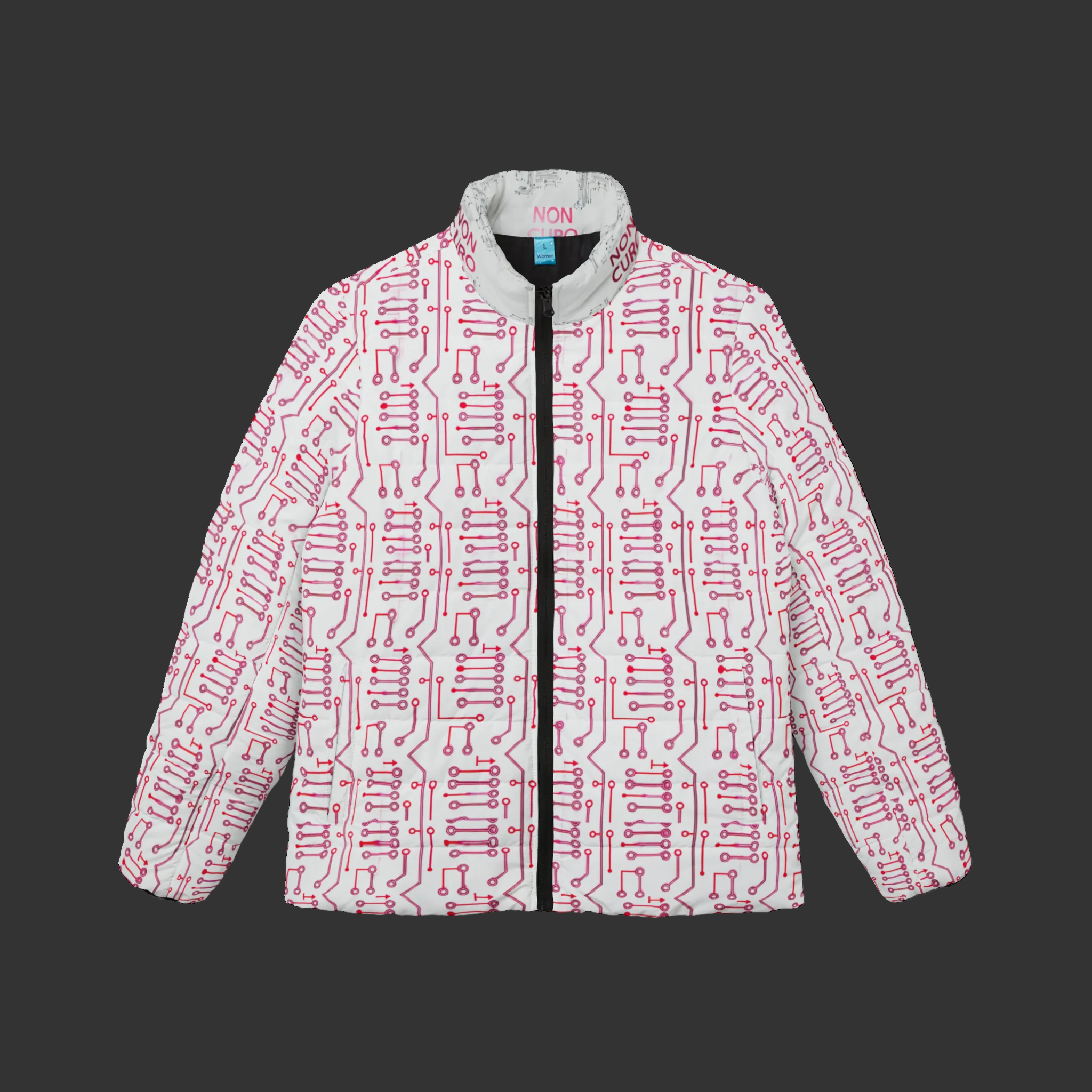 WOMEN’S PUFFER JACKET — “NON CURO” PINK CIRCUIT-BOARD WINTER COAT