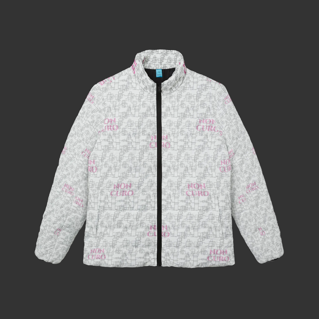 "NON CURO" Women's Puffer Jacket — White Circuit-Board Winter Coat