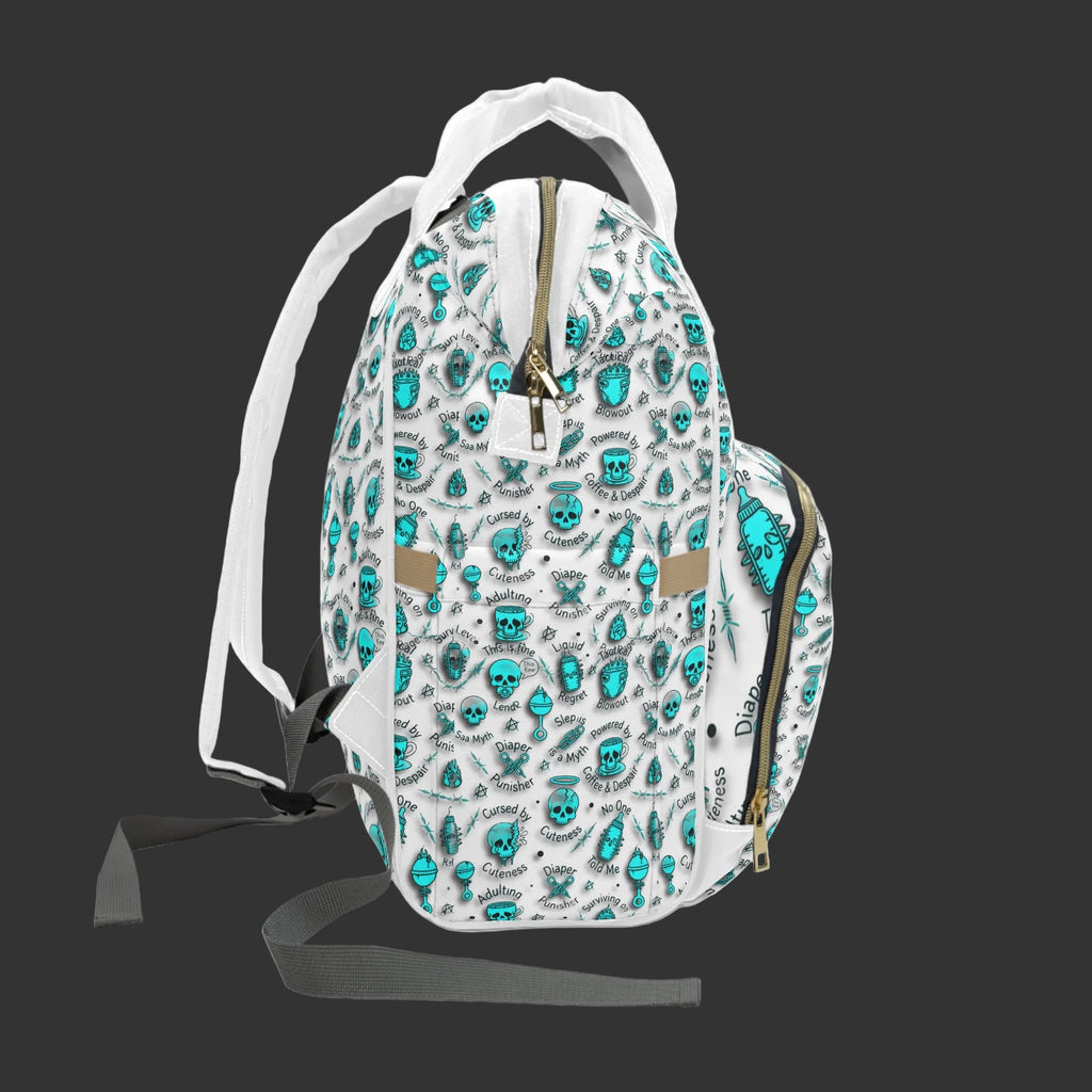 Teal Skull Diaper Backpack — 'Cursed by Cuteness' Multifunctional Baby Bag with Changing Pad