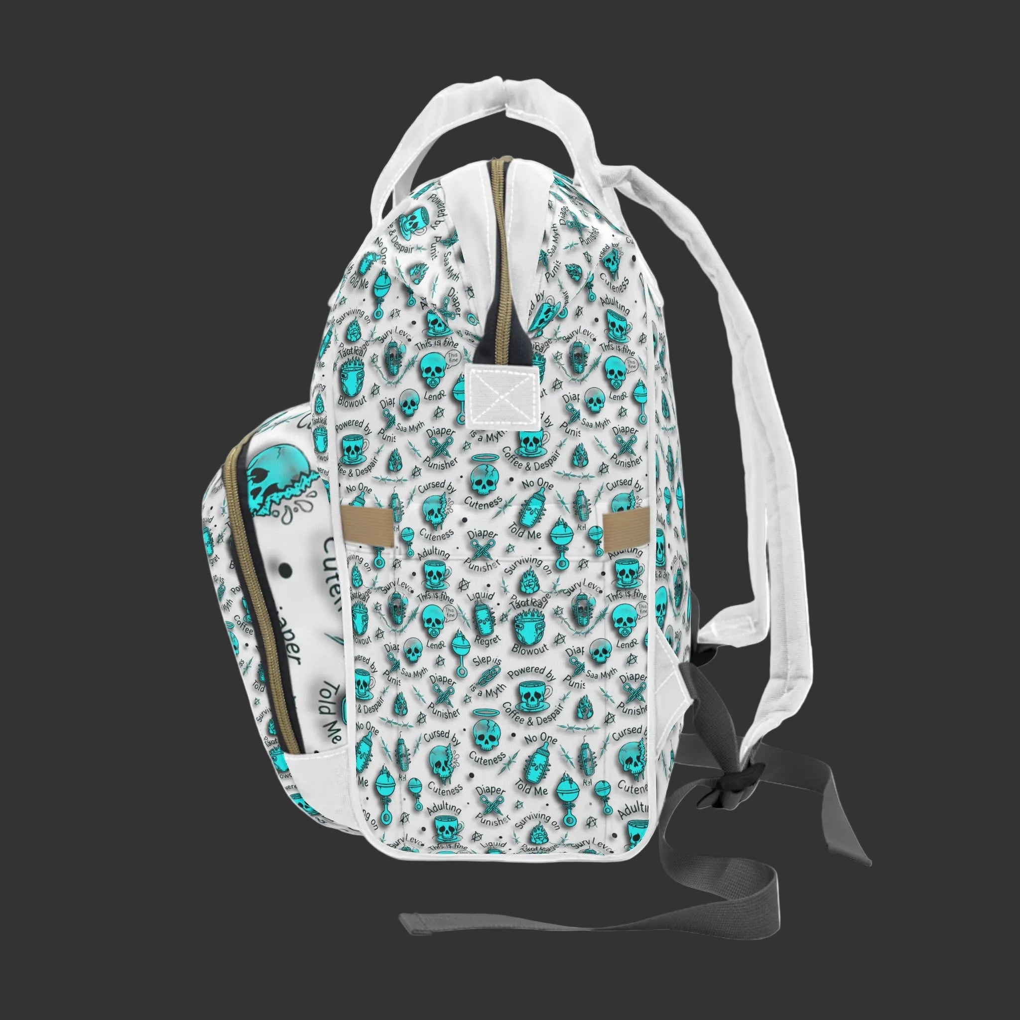 Teal Skull Diaper Backpack — 'Cursed by Cuteness' Multifunctional Baby Bag with Changing Pad