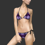 Women's Bikini Swimsuit — "Non Curo" Black with Pink neon lines like wave links on a white bacK background. Party bikini