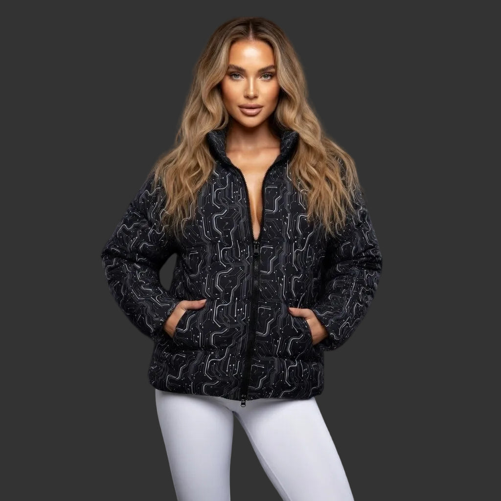 "NON CURO" Women's Puffer Jacket —Circuit-Board Black