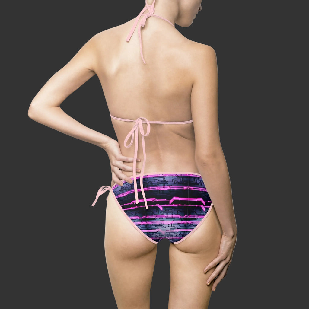 Women's Bikini Swimsuit — "Non Curo" Black with Pink neon lines like wave links on a white bacK background. Party bikini