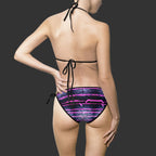 Women's Bikini Swimsuit — "Non Curo" Black with Pink neon lines like wave links on a white bacK background. Party bikini
