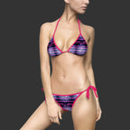 Women's Bikini Swimsuit — "Non Curo" Black with Pink neon lines like wave links on a white bacK background. Party bikini