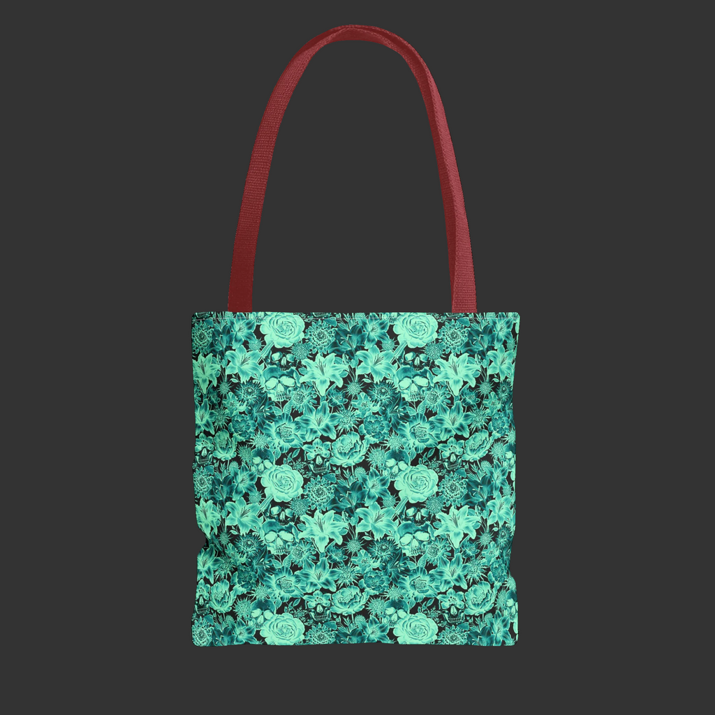 Turquoise Skull & Floral Pattern Tote Bag — All-Over-Print