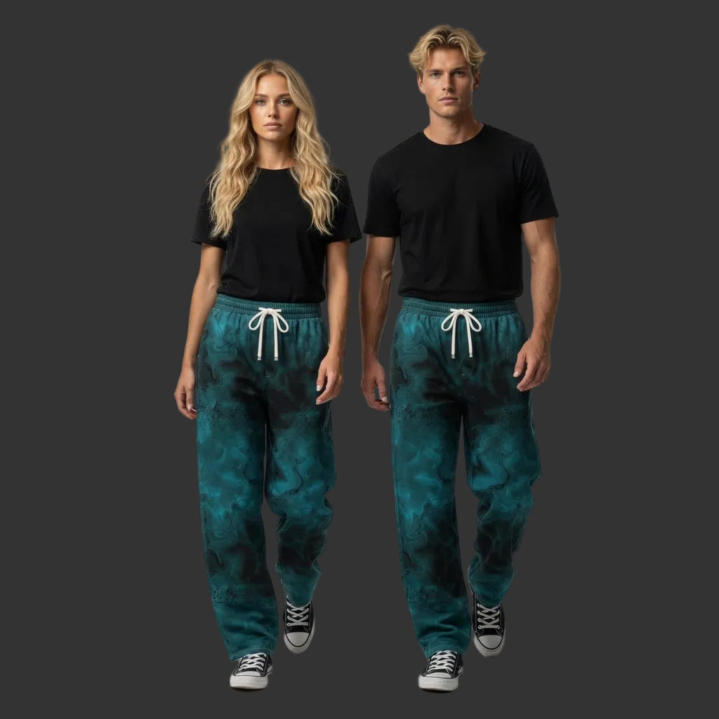 Marbled Teal Wide Leg Joggers | Soft Unisex Sweatpants