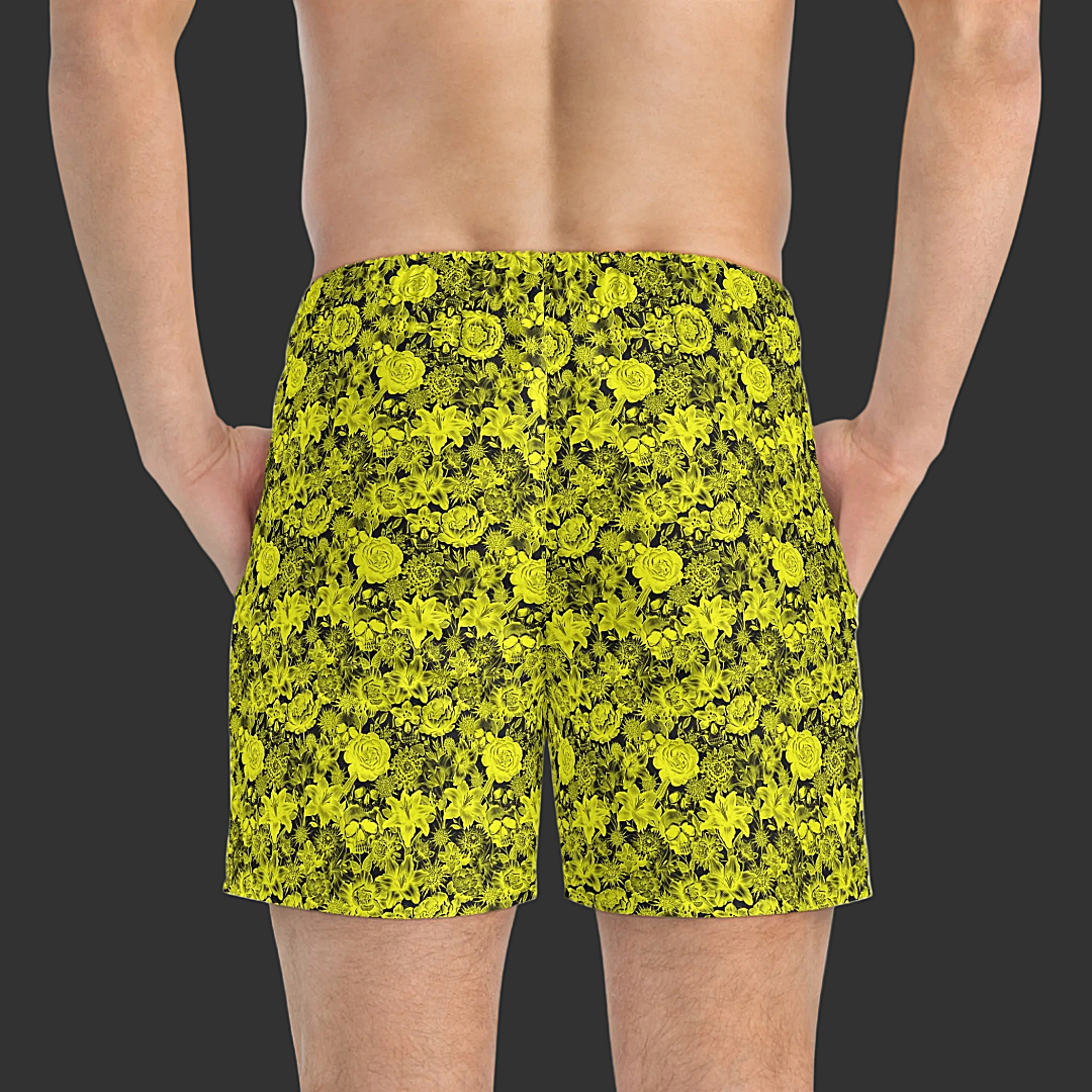 'Non Curo' Yellow & Black Skull Floral Swim Trunks — All-Over-Print