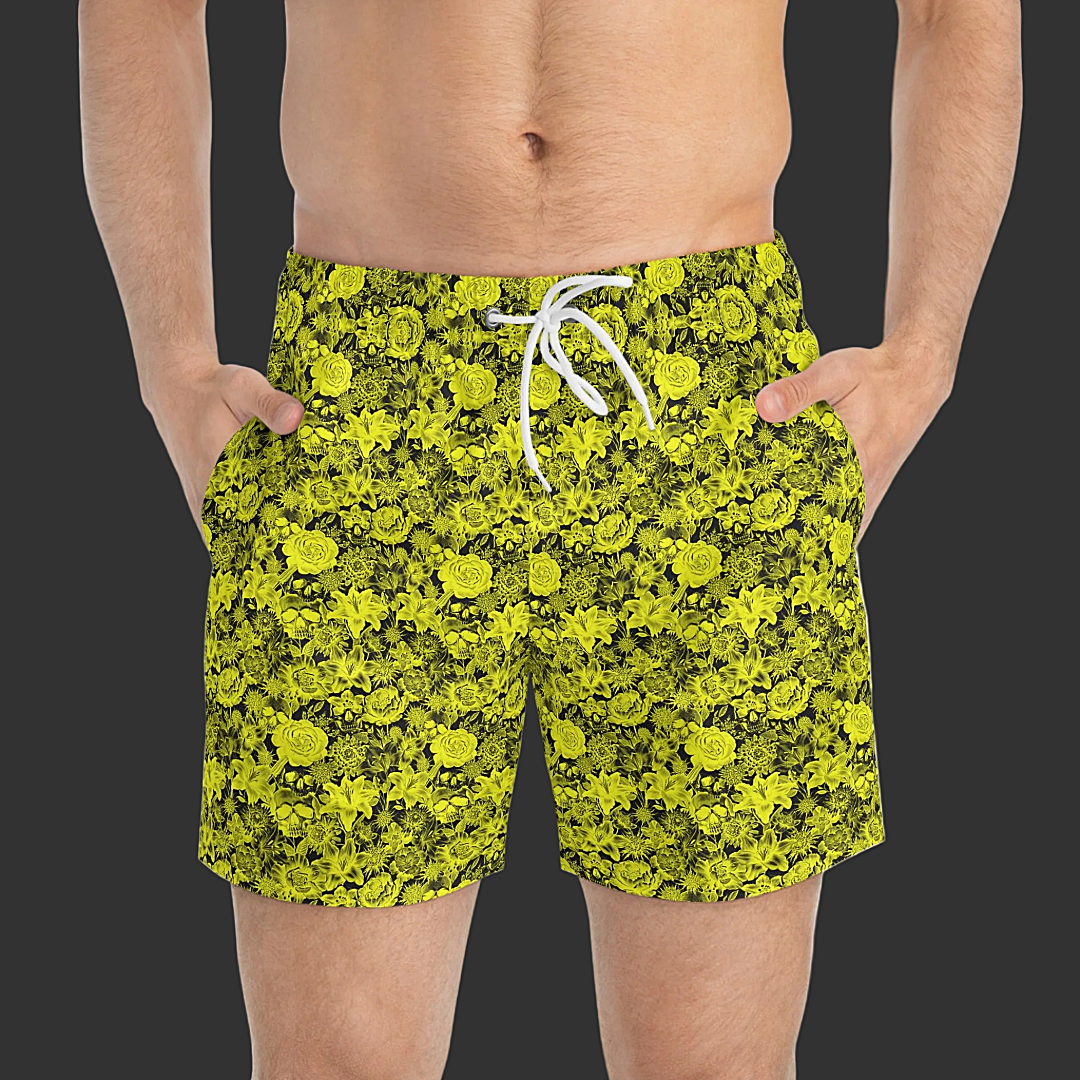 'Non Curo' Yellow & Black Skull Floral Swim Trunks — All-Over-Print