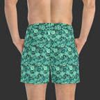 Skull & Floral Swim Trunks — 'Non Curo' Teal on Black All-Over Print