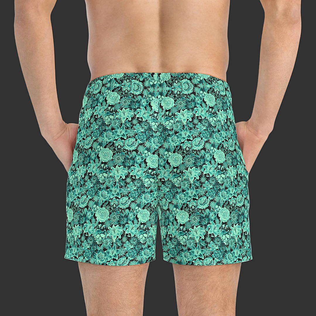 Skull & Floral Swim Trunks — 'Non Curo' Teal on Black All-Over Print