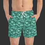 Skull & Floral Swim Trunks — 'Non Curo' Teal on Black All-Over Print