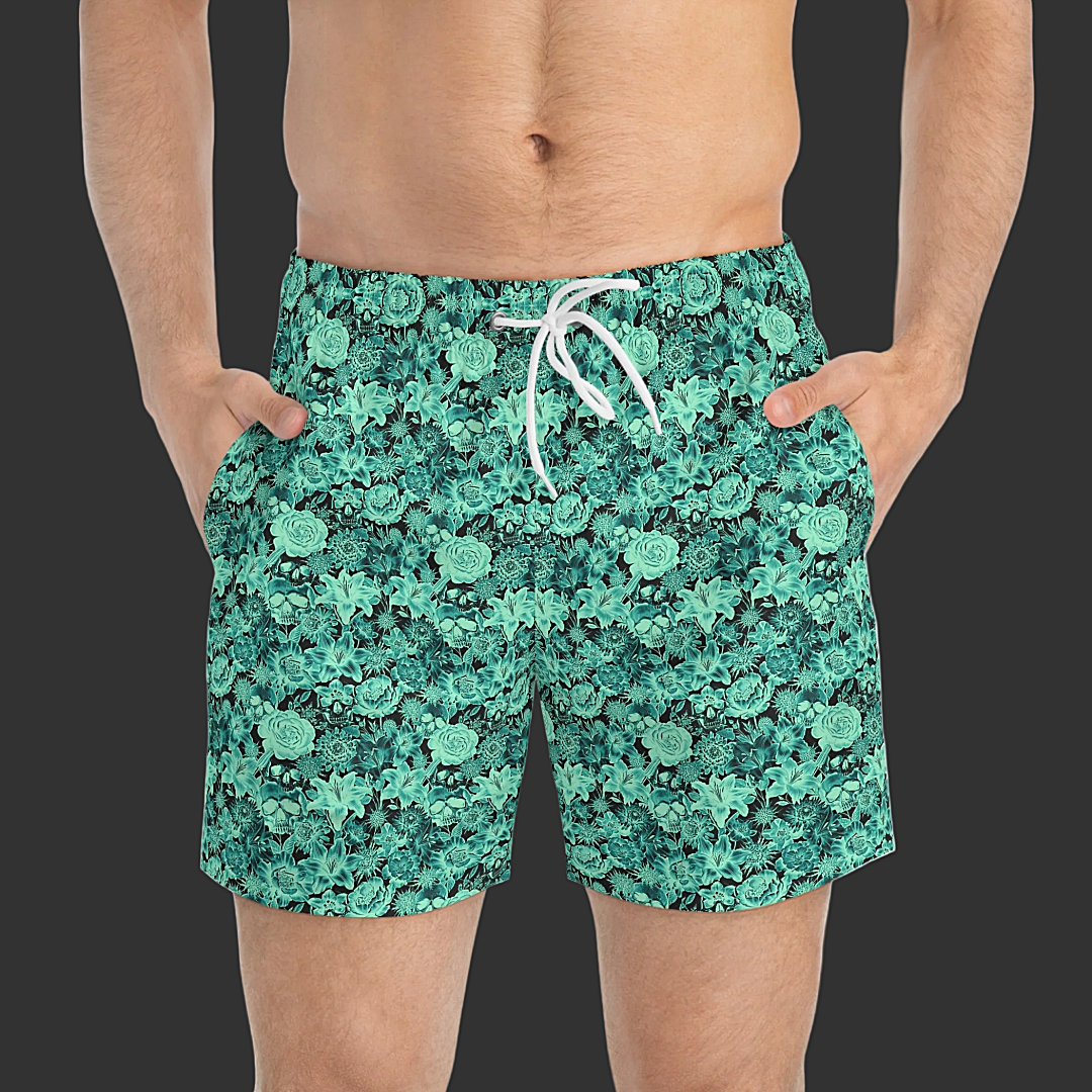 Skull & Floral Swim Trunks — 'Non Curo' Teal on Black All-Over Print