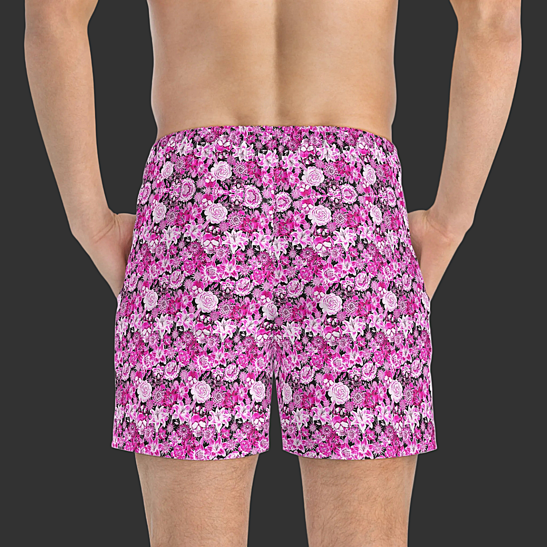 Non Curo Pink Floral Skull Swim Trunks — All-Over Print Summer Swim Shorts