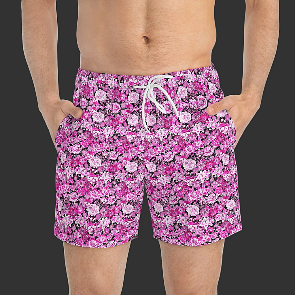 Non Curo Pink Floral Skull Swim Trunks — All-Over Print Summer Swim Shorts
