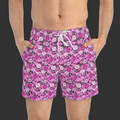 Non Curo Pink Floral Skull Swim Trunks — All-Over Print Summer Swim Shorts