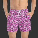 Non Curo Pink Floral Skull Swim Trunks — All-Over Print Summer Swim Shorts