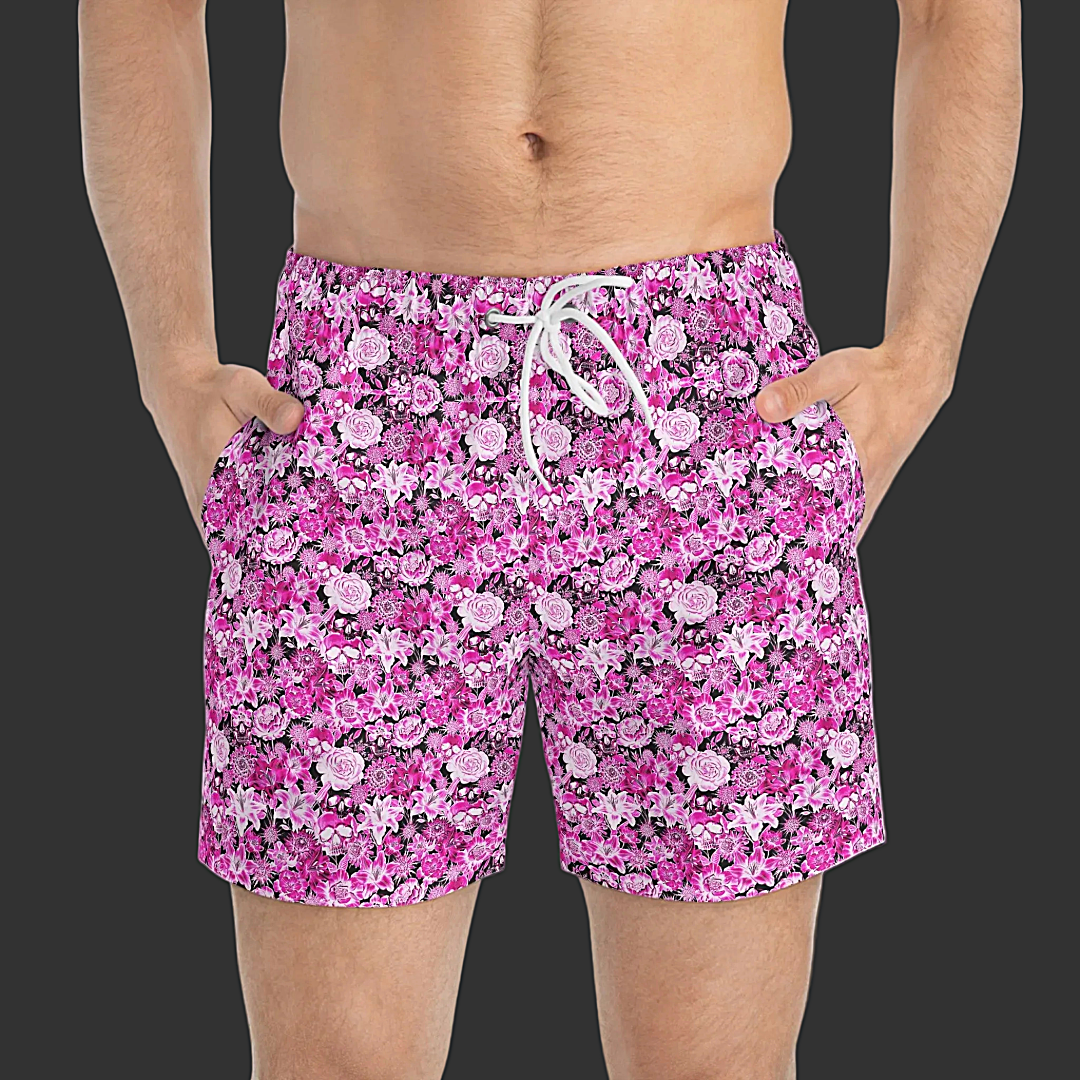 Non Curo Pink Floral Skull Swim Trunks — All-Over Print Summer Swim Shorts