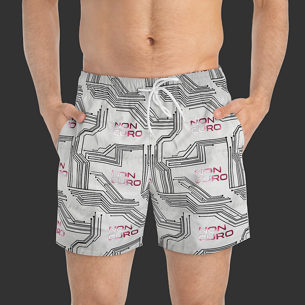 NON CURO PATTERN SWIM TRUNKS — WHITE & PINK ALL-OVER PRINT BEACH SHORTS