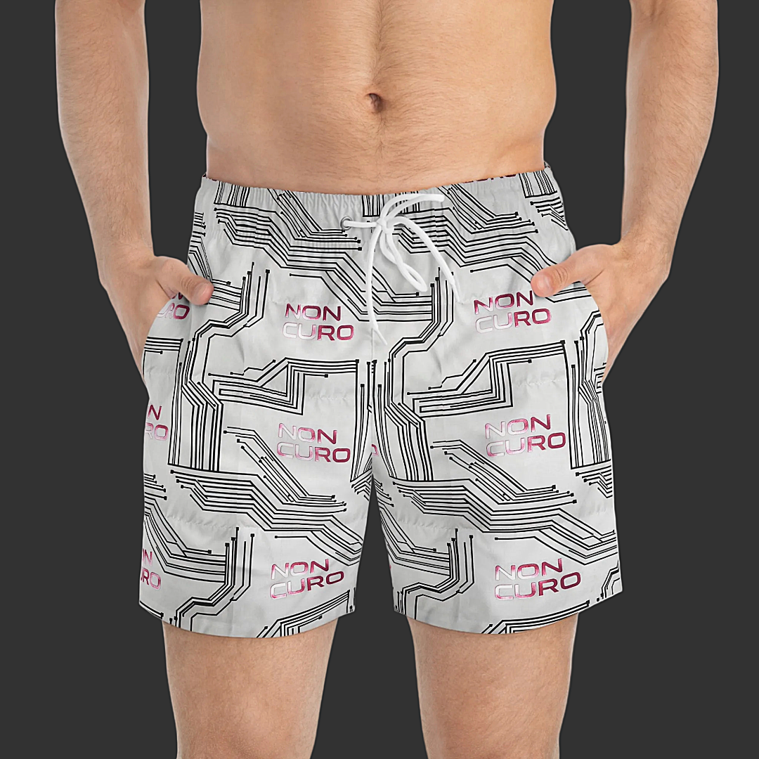 NON CURO PATTERN SWIM TRUNKS — WHITE & PINK ALL-OVER PRINT BEACH SHORTS
