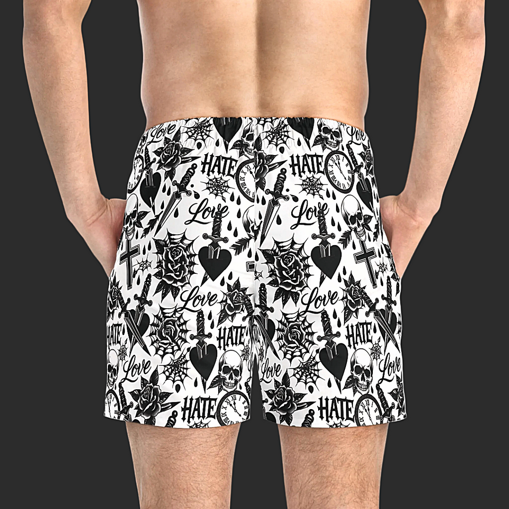 Non Curo Skull & Dagger Swim Trunks — Black & White All-Over Print