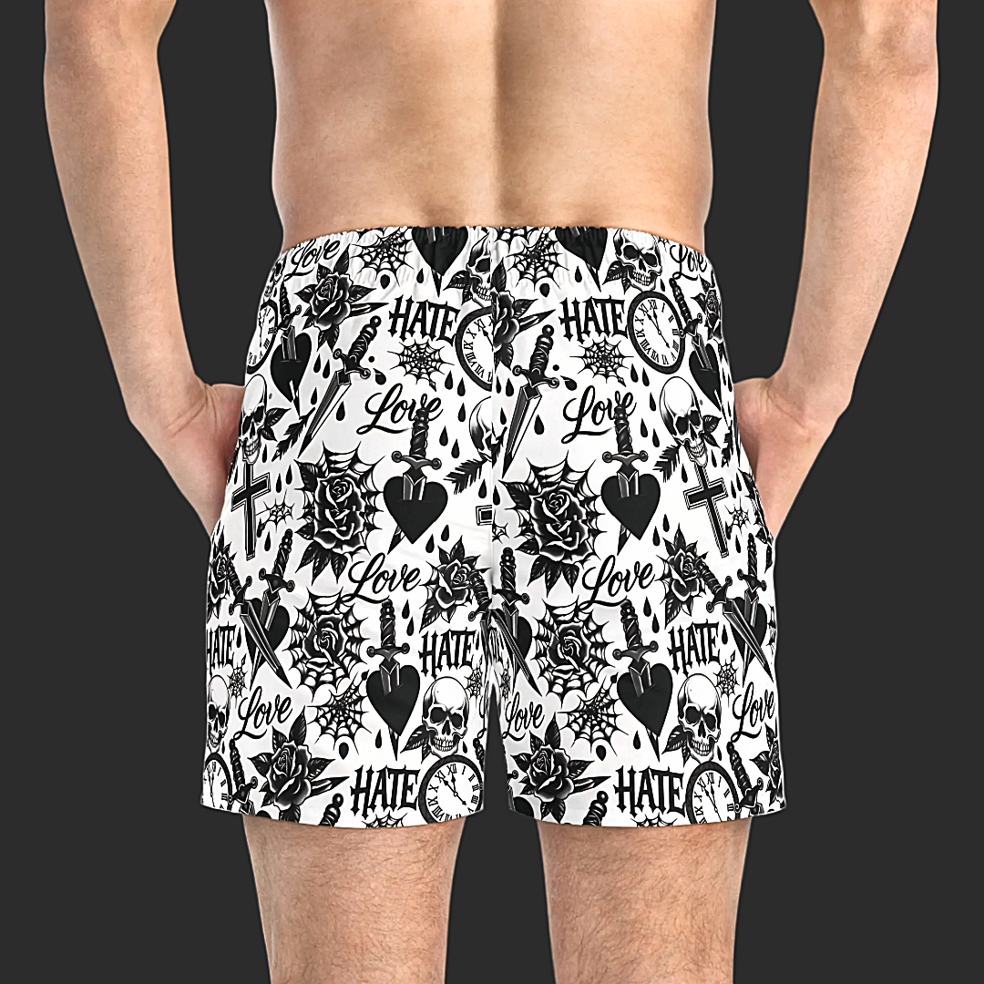 Non Curo Skull & Dagger Swim Trunks — Black & White All-Over Print
