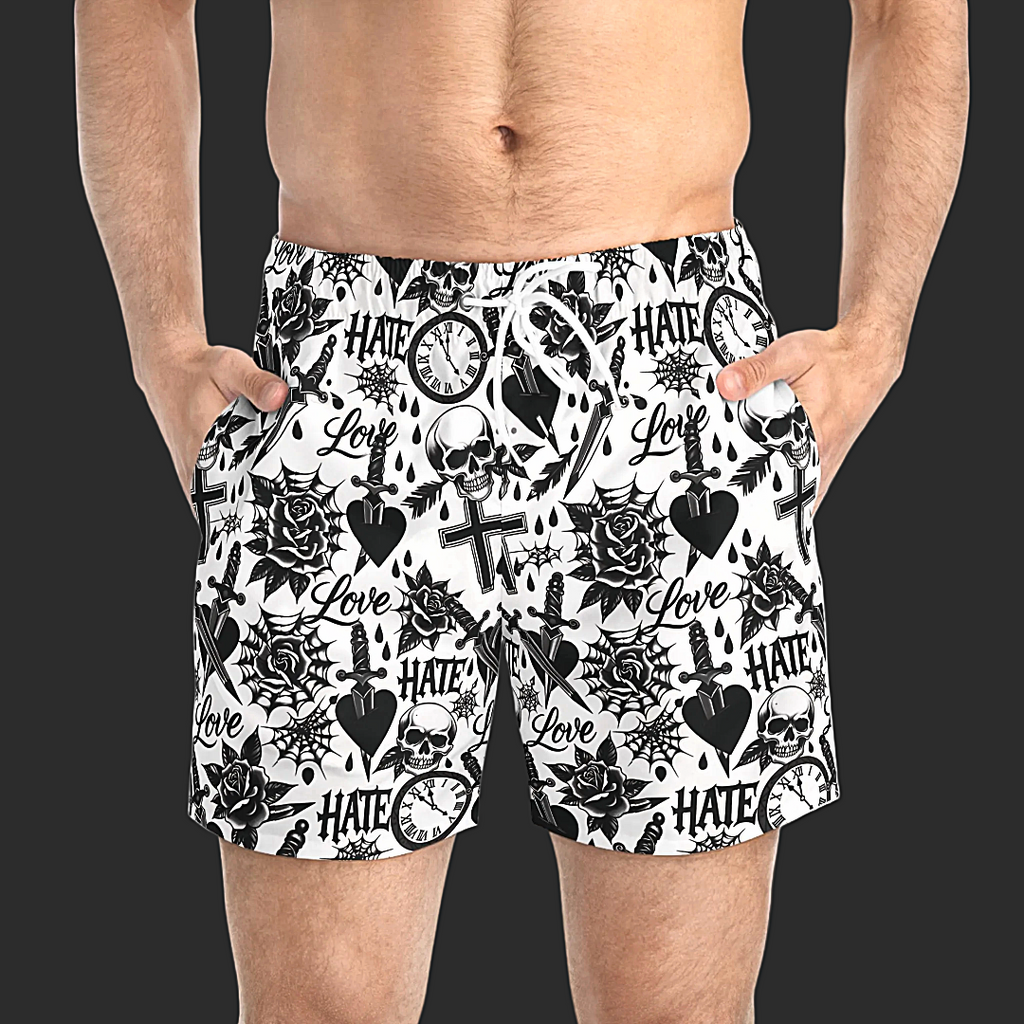Non Curo Skull & Dagger Swim Trunks — Black & White All-Over Print