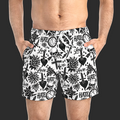 Non Curo Skull & Dagger Swim Trunks — Black & White All-Over Print