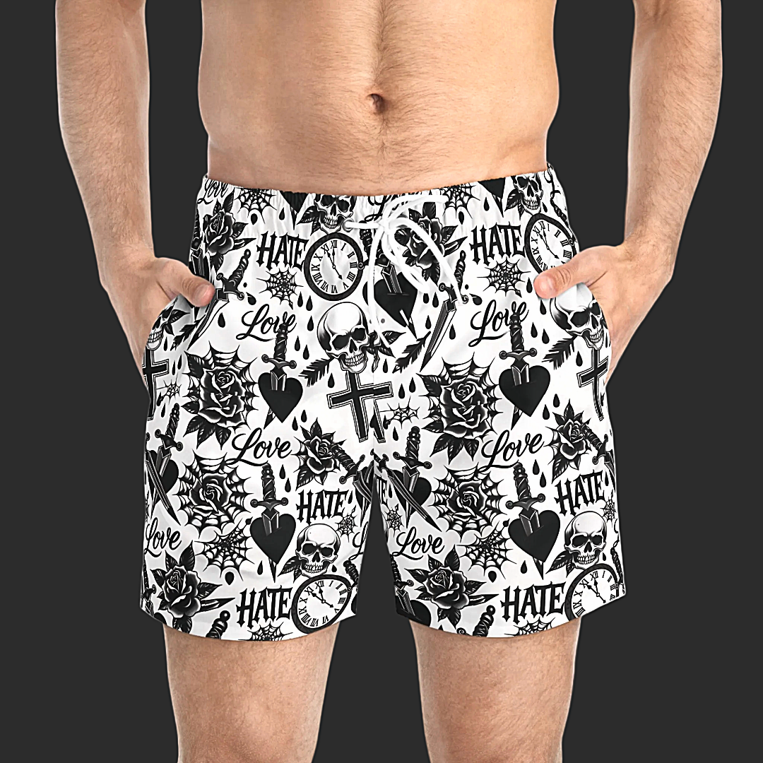 Non Curo Skull & Dagger Swim Trunks — Black & White All-Over Print