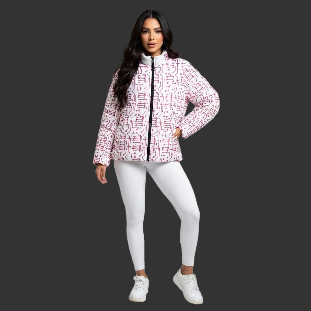 WOMEN’S PUFFER JACKET — “NON CURO” PINK CIRCUIT-BOARD WINTER COAT